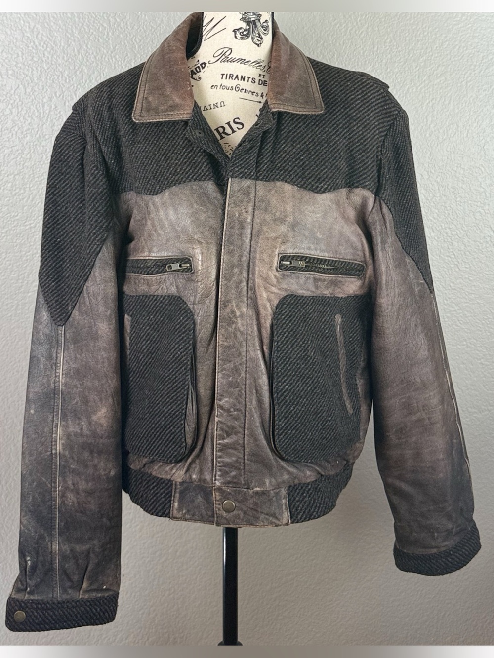 Chia Vintage 80s 90s Mens Mixed Media Leather/Wool Bomber StreetwearJacket Large